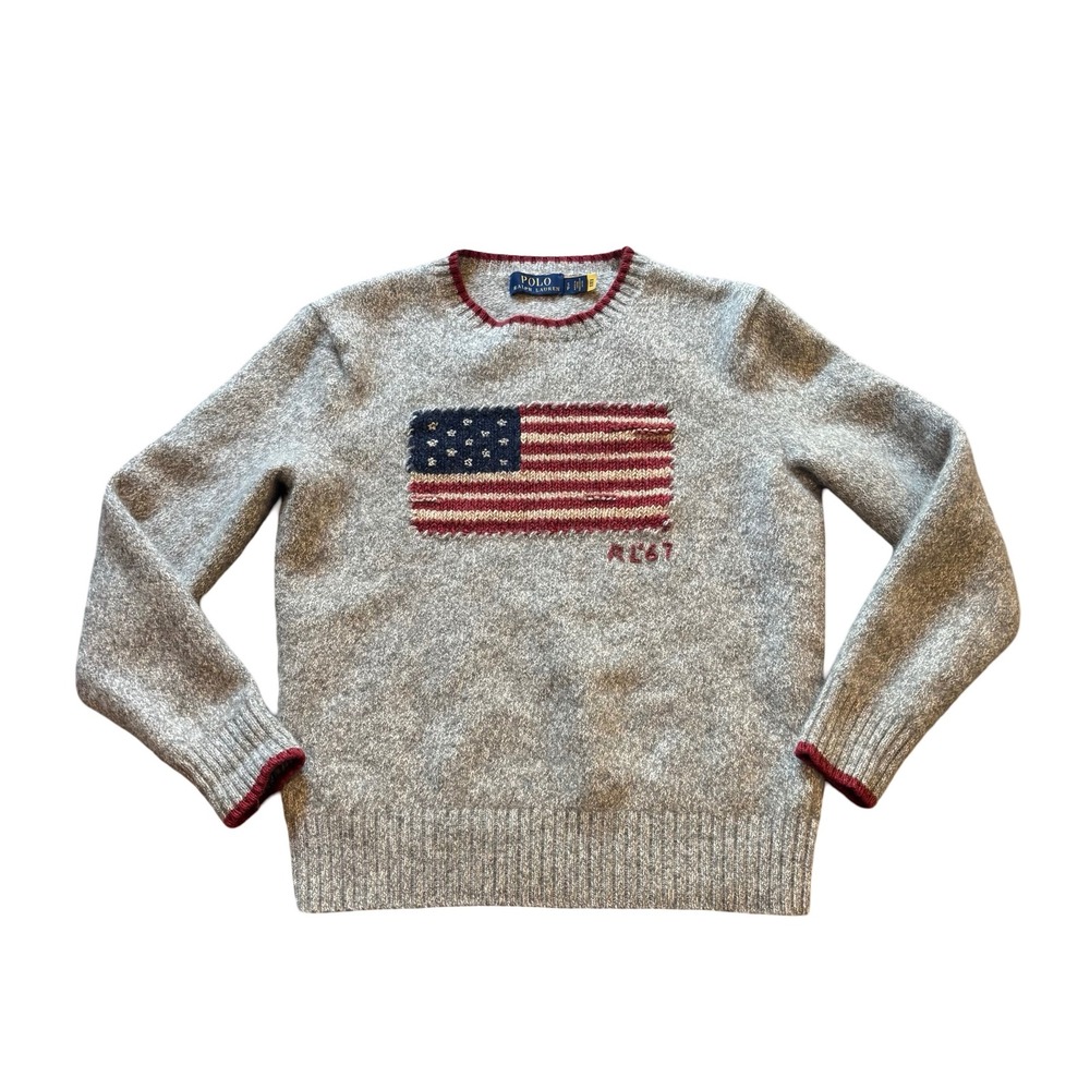 Polo Ralph Lauren Marled American Flag Sweater Wool Cotton Linen Grey Red Small